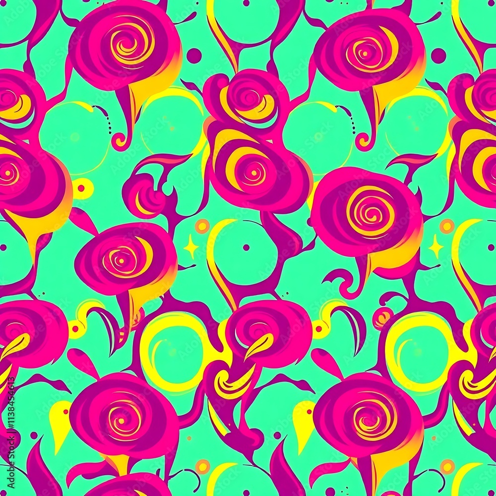 Fototapeta premium Psychedelic Floral Swirl: Abstract, colorful, and vibrant, this seamless pattern features swirling roses in shades of pink and yellow against a bright green background.