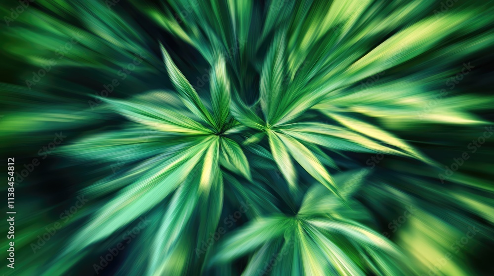 Obraz premium Vibrant blurred tropical plant leaves creating a lush green atmosphere in a jungle setting