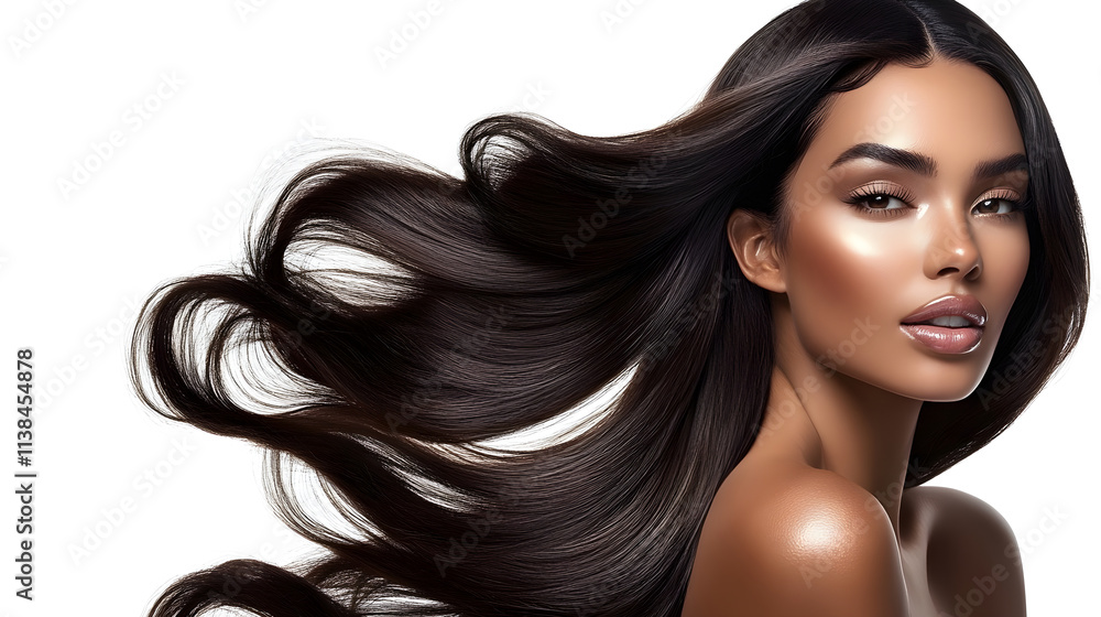 Insanely detailed photo of a beautiful woman with long black hair, she is posing for the camera on a light background. Generative AI. Insanely detailed photo of a beautiful woman with long black hair, she is posing for the camera on a light background. Generative AI.