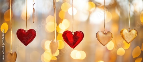 Heart-shaped ornaments hanging against a soft golden bokeh background with a festive atmosphere for your holiday design needs