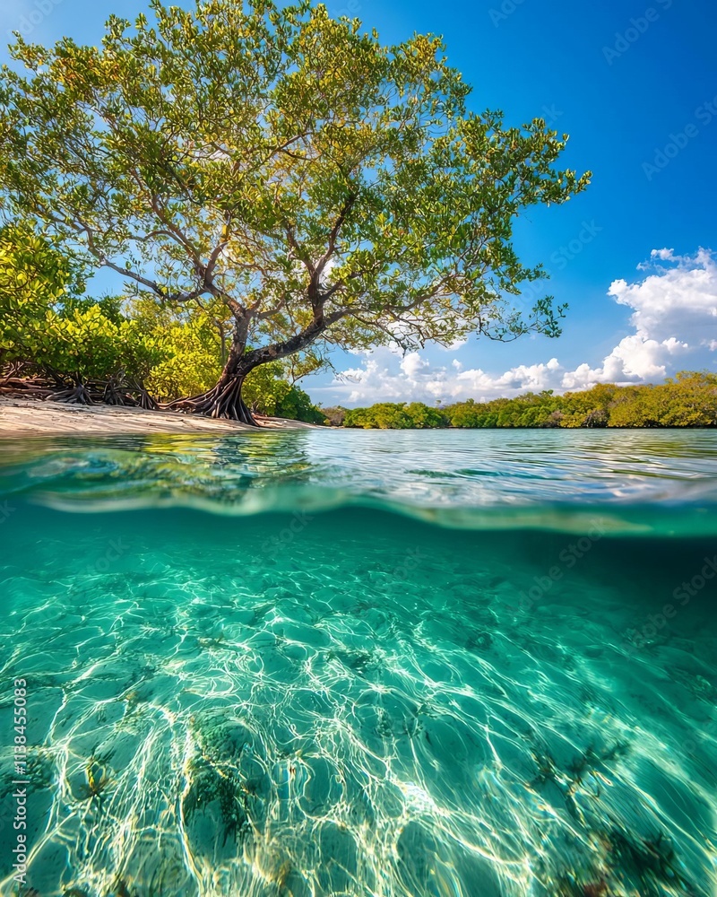 A serene coastal scene showcasing mangrove trees by clear turquoise waters under blue skies. A serene coastal scene showcasing mangrove trees by clear turquoise waters under blue skies.
