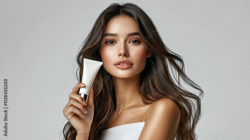 Young woman holding a cosmetic cream tube with long flowing hair and natural makeup, promoting skincare product in a minimalist studio setting Young woman holding a cosmetic cream tube with long flowing hair and natural makeup, promoting skincare product in a minimalist studio setting