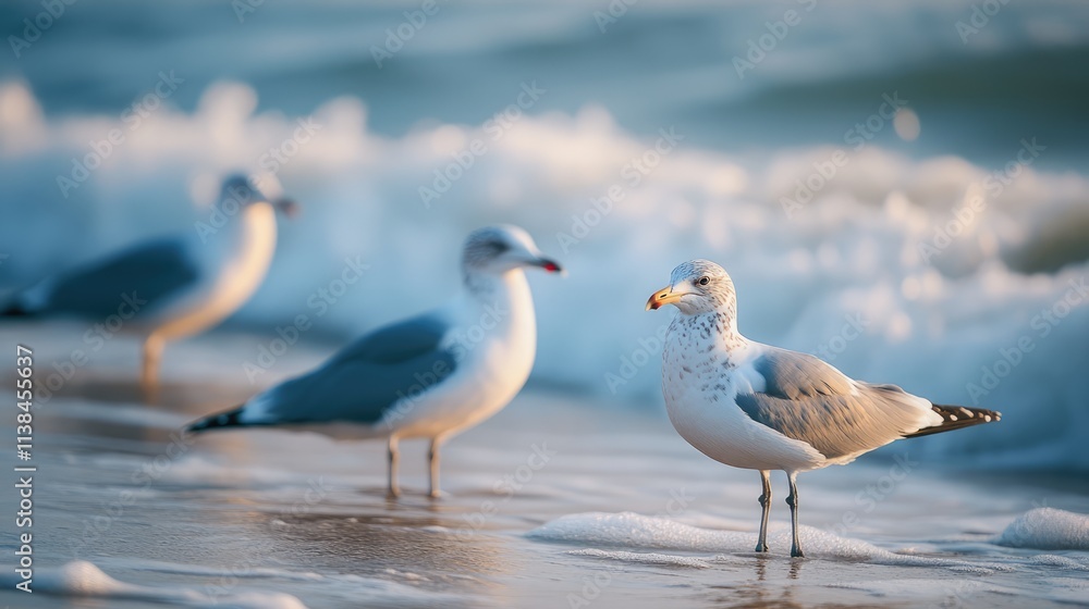 Seagulls on a serene beach with blurred gradients creating a tranquil atmosphere and waves gently rolling in the background Seagulls on a serene beach with blurred gradients creating a tranquil atmosphere and waves gently rolling in the background