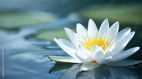 Elegant white water lily blooming in tranquil pond reflecting serene water and lush green leaves.