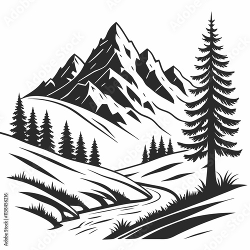 Monochrome hand drawn mountain outline illustration