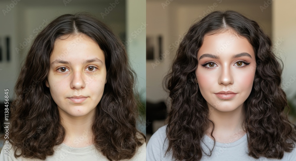 Transformation with makeup on young caucasian female: natural to glamorous Transformation with makeup on young caucasian female: natural to glamorous