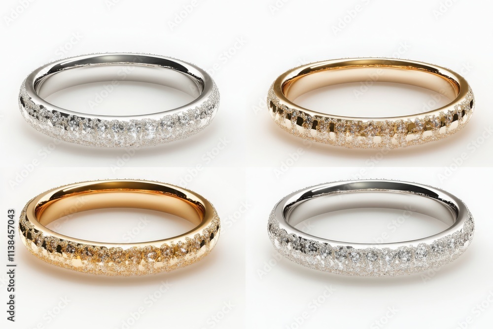 Rings made of gold and silver with sparkling diamonds, displayed on a white background, ideal for bridal jewelry catalogs or luxury fashion promotions
Rings made of gold and silver with sparkling diamonds, displayed on a white background, ideal for bridal jewelry catalogs or luxury fashion promotions