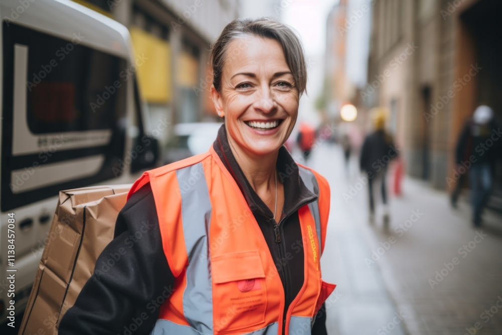 Smiling portrait of a middle aged female delivery worker Smiling portrait of a middle aged female delivery worker