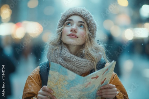 A person examining a map, possibly planning a trip or navigating unfamiliar territory photo