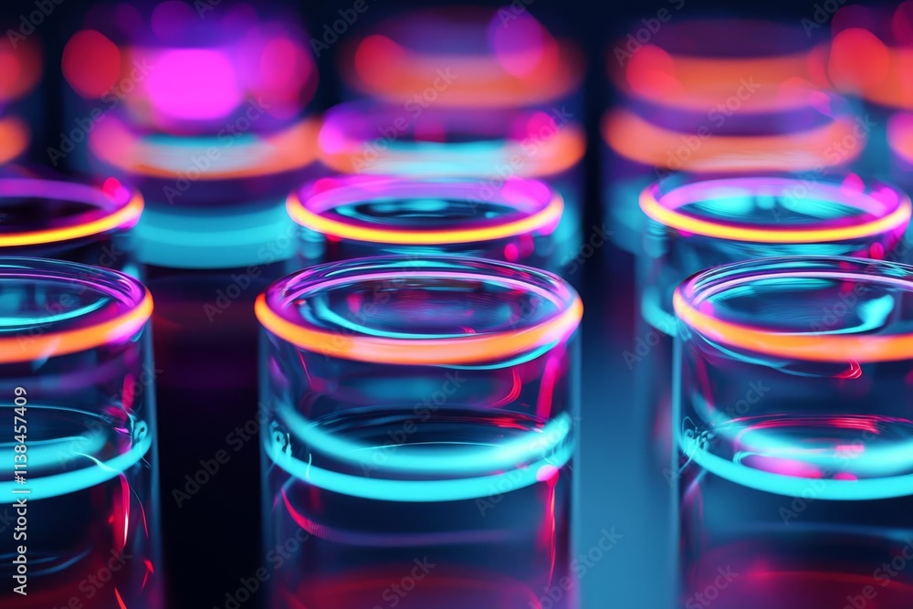 Vibrant neon glasses reflecting colorful lights in a dark setting. Vibrant neon glasses reflecting colorful lights in a dark setting.