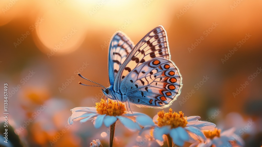 Obraz premium Close-up of a butterfly perched on a flower in golden light