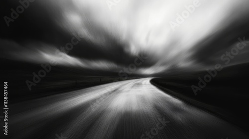 Fototapeta Naklejka Na Ścianę i Meble -  Dramatic blurred landscape of winding road under dark stormy clouds creating a sense of foreboding and mystery in black and white imagery