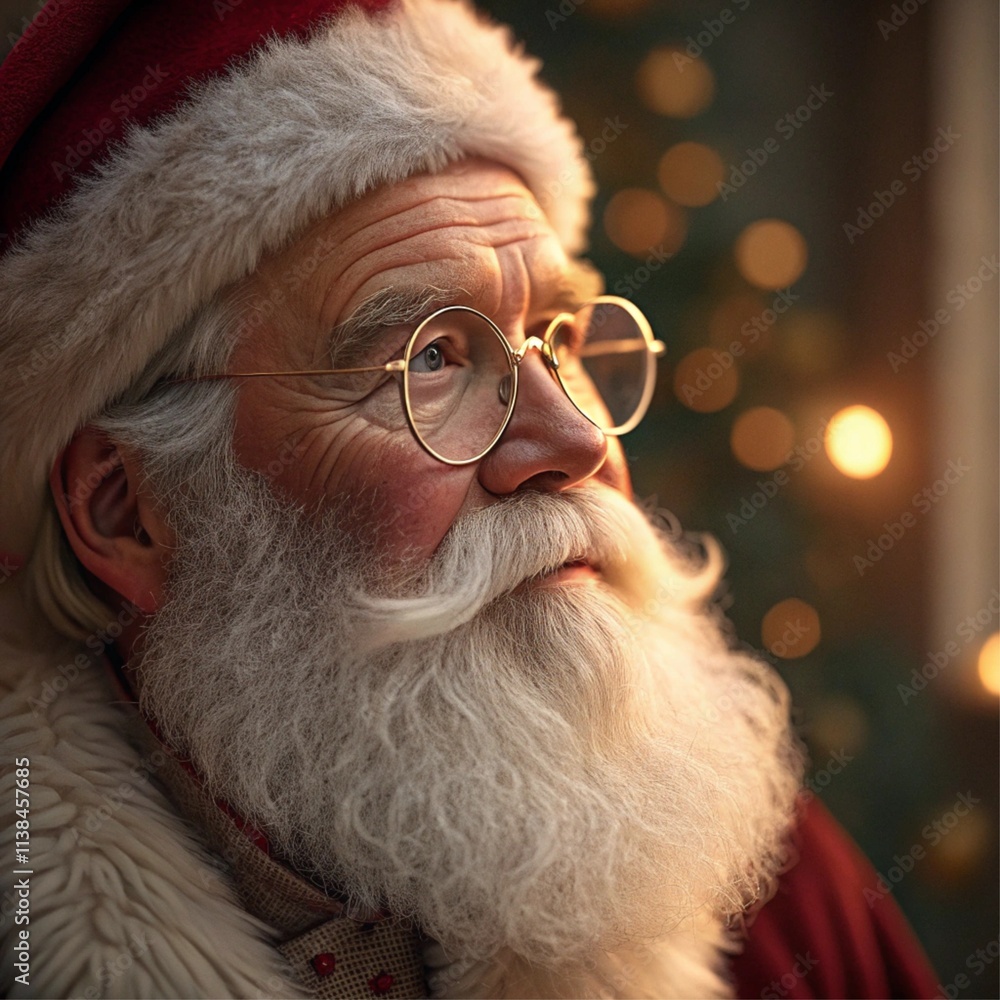 A thoughtful close-up portrait of Santa Claus, showcasing his gentle expression, detailed textures, and festive warmth A thoughtful close-up portrait of Santa Claus, showcasing his gentle expression, detailed textures, and festive warmth