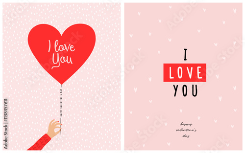 Happy Valentine's Day. I Love You. Vector illustration of Hand Holding Big Red Balloon of Heart Shape. Hand Drawn Valentine's Day Cards. Red Heart Shaped Balloon on a Pastel Pink Background. 