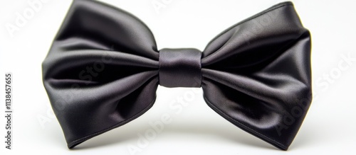 Elegant black satin bow with two oblique ribbons displayed on a clean white background ideal for fashion or event decoration themes. photo