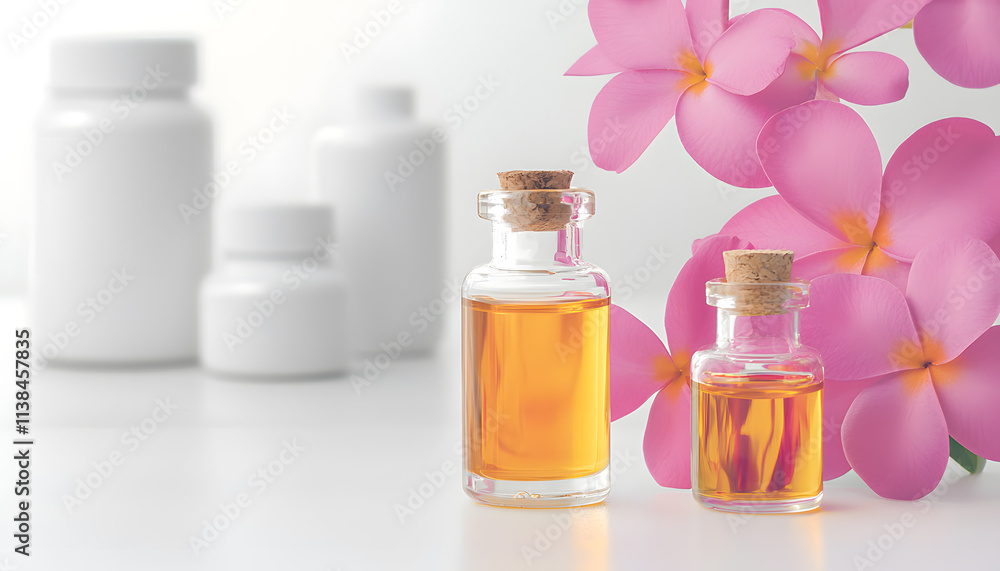 Aromatic essential oils and floral accents spa setting still life composition bright environment close-up view wellness concept Aromatic essential oils and floral accents spa setting still life composition bright environment close-up view wellness concept
