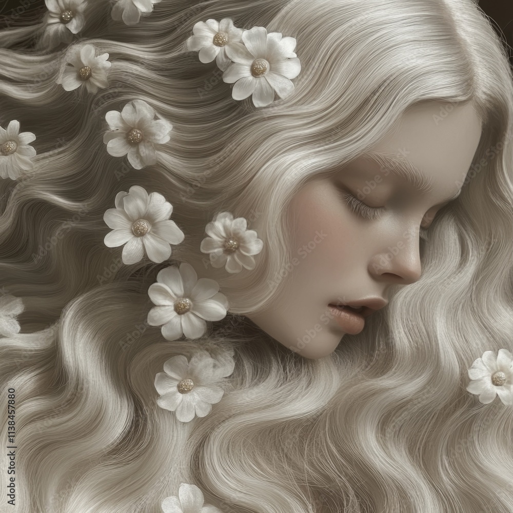 Naklejka premium Serene Blonde Woman with Flowers in Hair