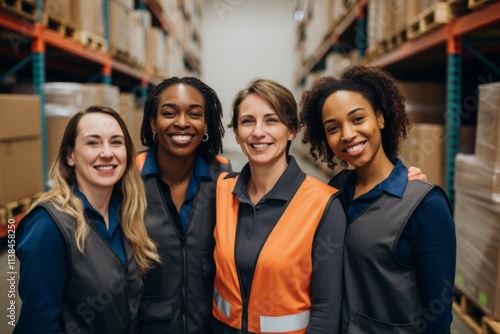 Smiling portrait of a diverse group of female warehouse workers