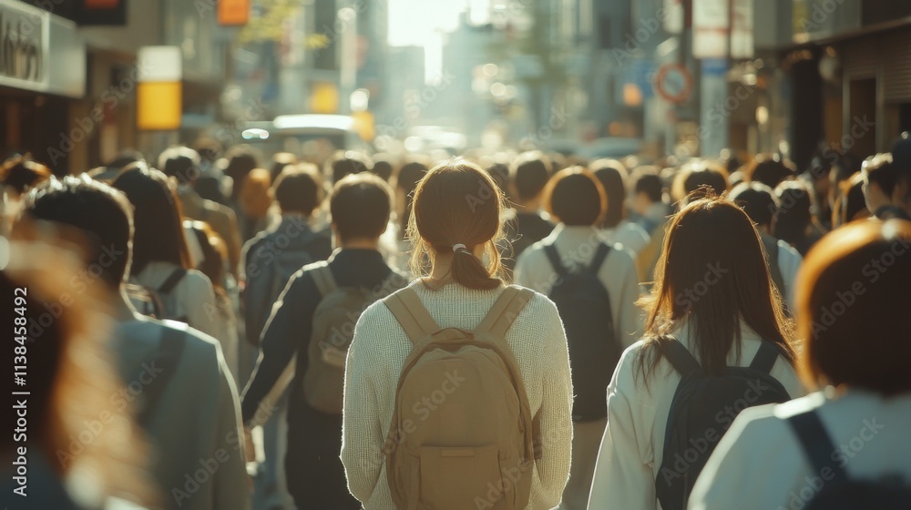 Crowd of people walking on a busy street during sunset Crowd of people walking on a busy street during sunset