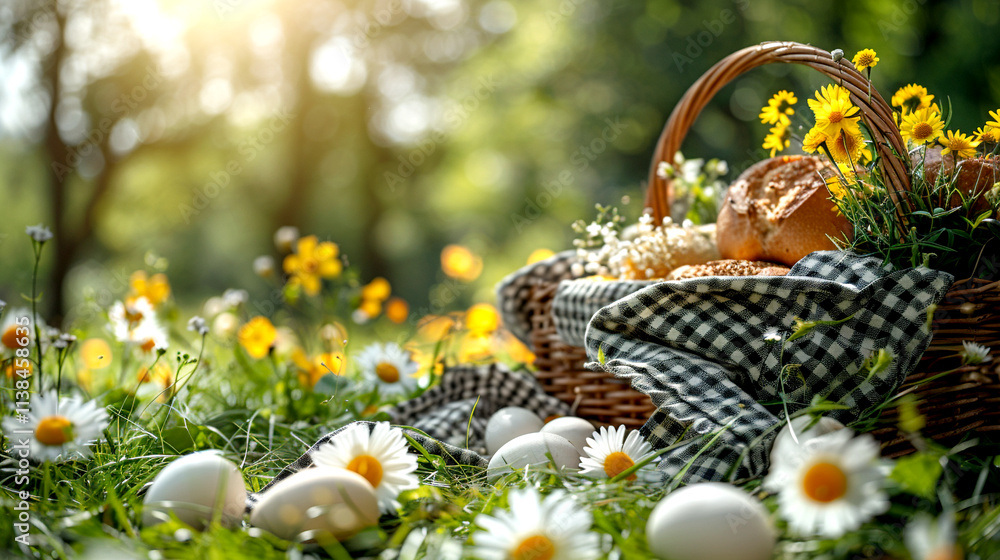 Vibrant spring picnic basket amidst blooming wildflowers and fresh eggs Vibrant spring picnic basket amidst blooming wildflowers and fresh eggs