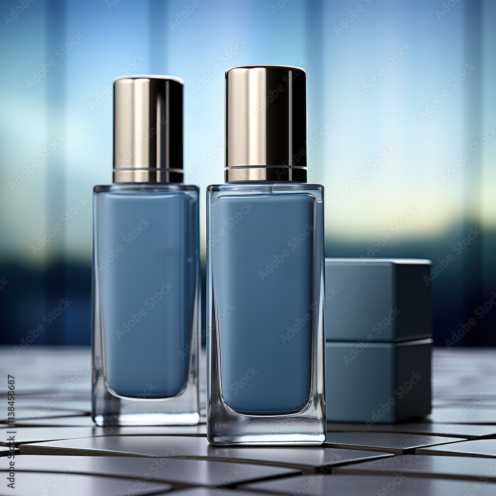 Two bottles of perfume are displayed on a table, one of which is blue Two bottles of perfume are displayed on a table, one of which is blue