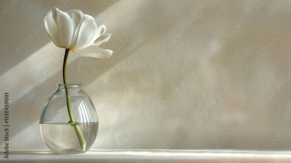 Single white tulip in a clear glass vase, illuminated by sunlight against a beige wall. Single white tulip in a clear glass vase, illuminated by sunlight against a beige wall.