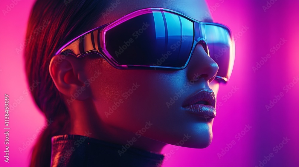 Fashionable woman in futuristic sunglasses with glowing pink neon lights Fashionable woman in futuristic sunglasses with glowing pink neon lights