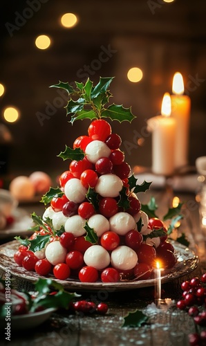 Festive appetizer styled as a Christmas tree, made of cherry tomatoes and mozzarella balls, garnished with holly leaves and cranberries, surrounded by glowing candles.