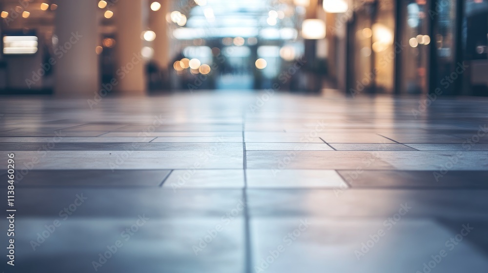 Blurry perspective of a modern tiled floor in a spacious indoor environment with subtle bokeh lighting effects in the background Blurry perspective of a modern tiled floor in a spacious indoor environment with subtle bokeh lighting effects in the background