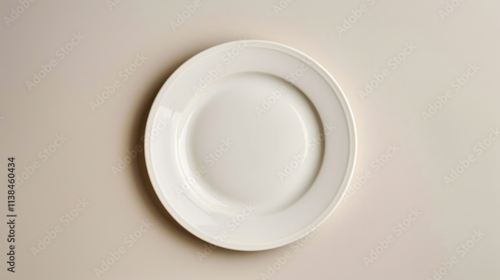 Top view of a single, empty, white dinner plate on a beige background. Top view of a single, empty, white dinner plate on a beige background.