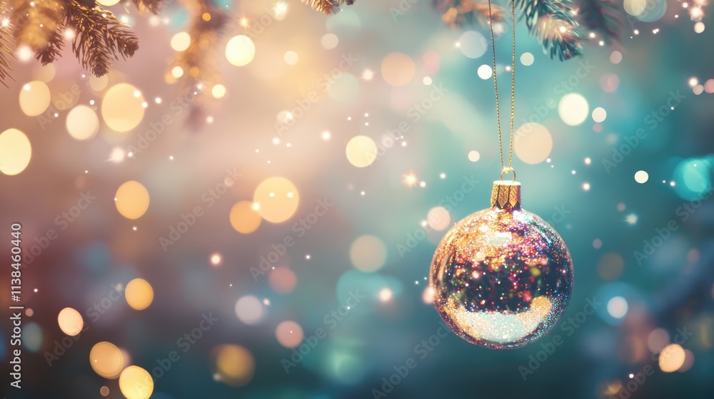 Christmas bauble hanging on a tree with a dreamy bokeh light background creating a festive and magical atmosphere for the holiday season Christmas bauble hanging on a tree with a dreamy bokeh light background creating a festive and magical atmosphere for the holiday season