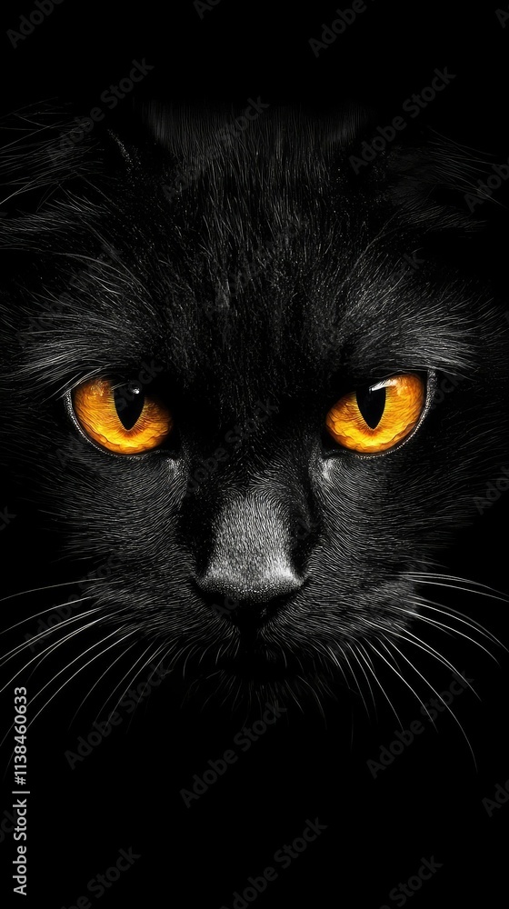 Close-Up Portrait of a Mysterious Black Cat with Striking Orange Eyes, Capturing Intense Expression and Intriguing Features in Dark Background Close-Up Portrait of a Mysterious Black Cat with Striking Orange Eyes, Capturing Intense Expression and Intriguing Features in Dark Background