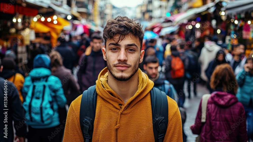A large group of people gathered in a vibrant street market, with a young man standing still in the foreground, looking directly at the camera with a calm demeanor A large group of people gathered in a vibrant street market, with a young man standing still in the foreground, looking directly at the camera with a calm demeanor