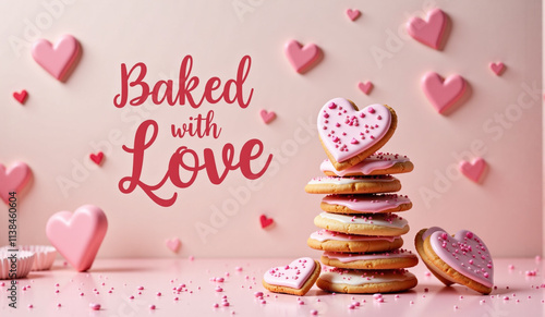 A stack of heart-shaped cookies with pink icing and sprinkles, surrounded by scattered hearts and candies, with the text 