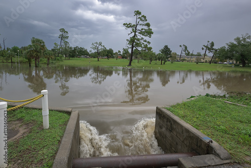 Floodwaters rush through a drain culvert, carrying fresh rainwater to the saltwater bay, creating a dynamic interplay of currents.
