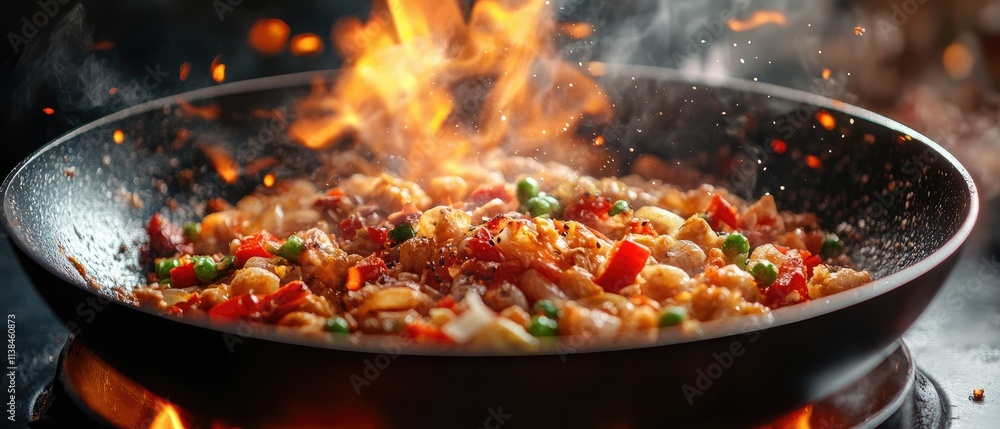 Stir-fried dish cooking in a wok with flames. Stir-fried dish cooking in a wok with flames.