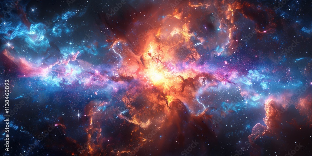 Obraz premium A vibrant, colorful cosmic nebula showcasing an array of blue, orange, and pink hues in deep space, highlighting the beauty and vastness of the universe