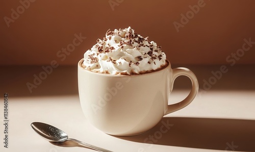 A creamy cup of hot chocolate topped with whipped cream and chocolate shavings, set against a warm, neutral background with a spoon resting nearby. photo