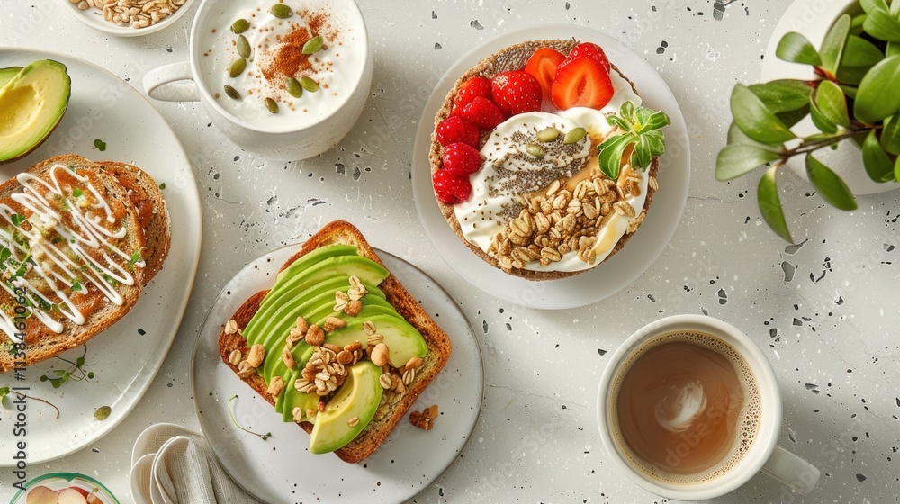 Healthy breakfast with avocado toast, yogurt parfaits, and coffee. Healthy breakfast with avocado toast, yogurt parfaits, and coffee.