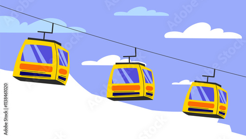 Modern flat illustration of a ski lift with bright yellow cabins gliding over snowy slopes and a clear blue sky. Perfect for winter tourism, ski resort promotions, and adventure-themed designs