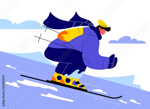 Modern flat illustration of a skier in dynamic motion, wearing vibrant winter gear and gliding down snowy slopes. Perfect for winter sports, seasonal designs, and adventure-themed projects