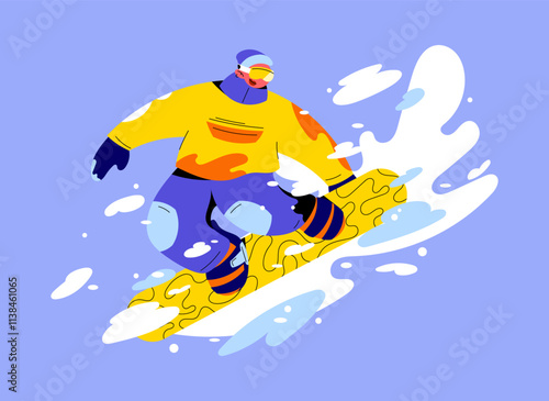 Dynamic flat illustration of a Snowboarder in action, dressed in bright winter gear and surrounded by snow splashes. Perfect for winter sports promotions, adventure themes, and seasonal projects