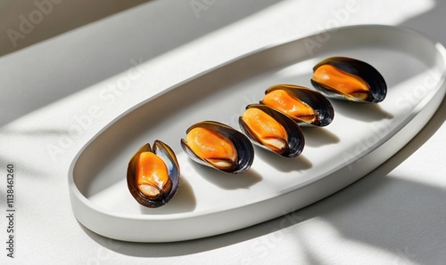 Five mussels with orange filling are arranged on a sleek, oval white plate, highlighted by soft sunlight and shadow. photo