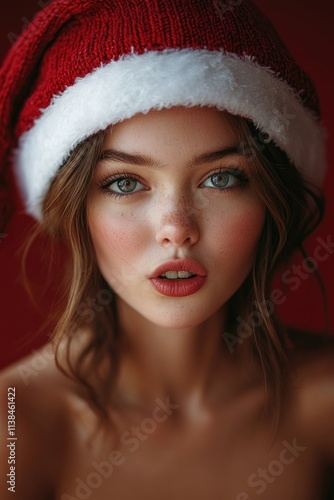 A young woman wearing a Santa hat, ideal for holiday and winter-themed images