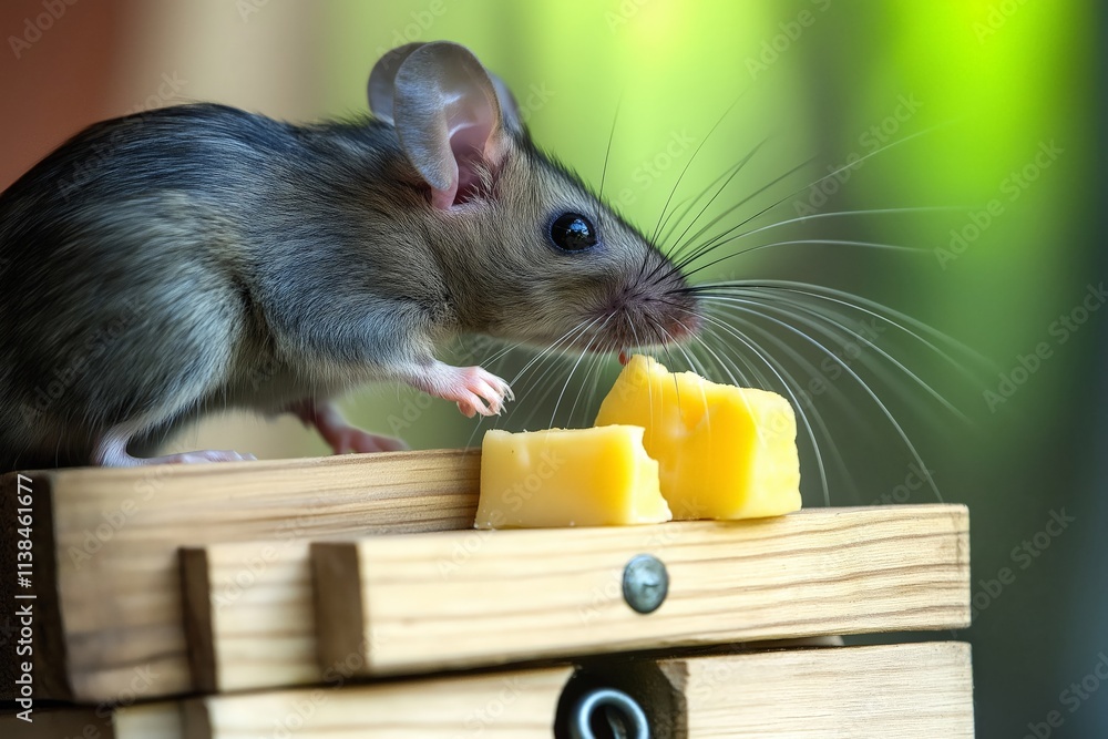 Obraz premium A close-up of a mouse standing on a wooden surface, reaching for two small chunks of cheese, surrounded by a soft, green blurred background, creating a natural and curious moment