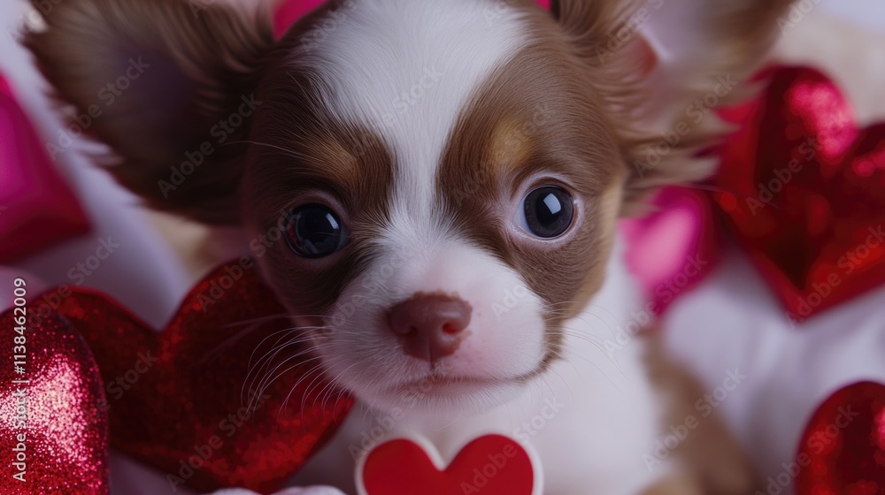 Adorable brown and white puppy wearing a heart-shaped accessory on its chest Adorable brown and white puppy wearing a heart-shaped accessory on its chest