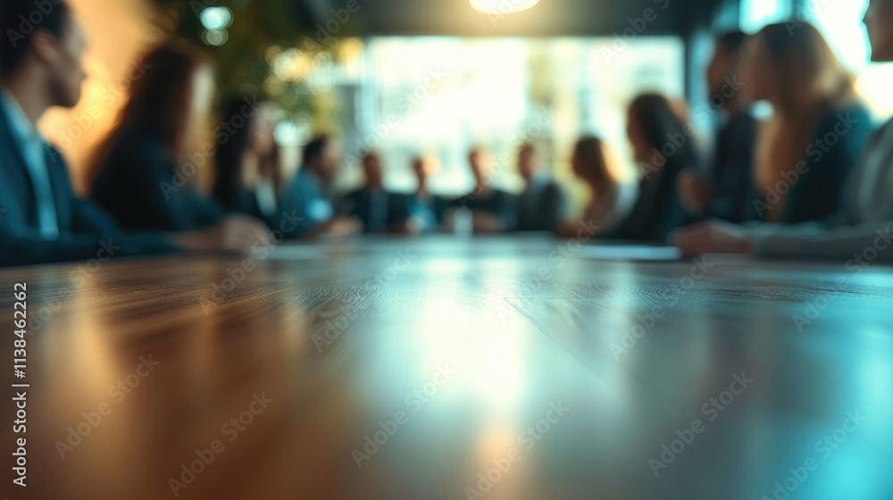 Blurry view of a diverse group of professionals engaged in discussion at a meeting table in a modern workspace setting Blurry view of a diverse group of professionals engaged in discussion at a meeting table in a modern workspace setting