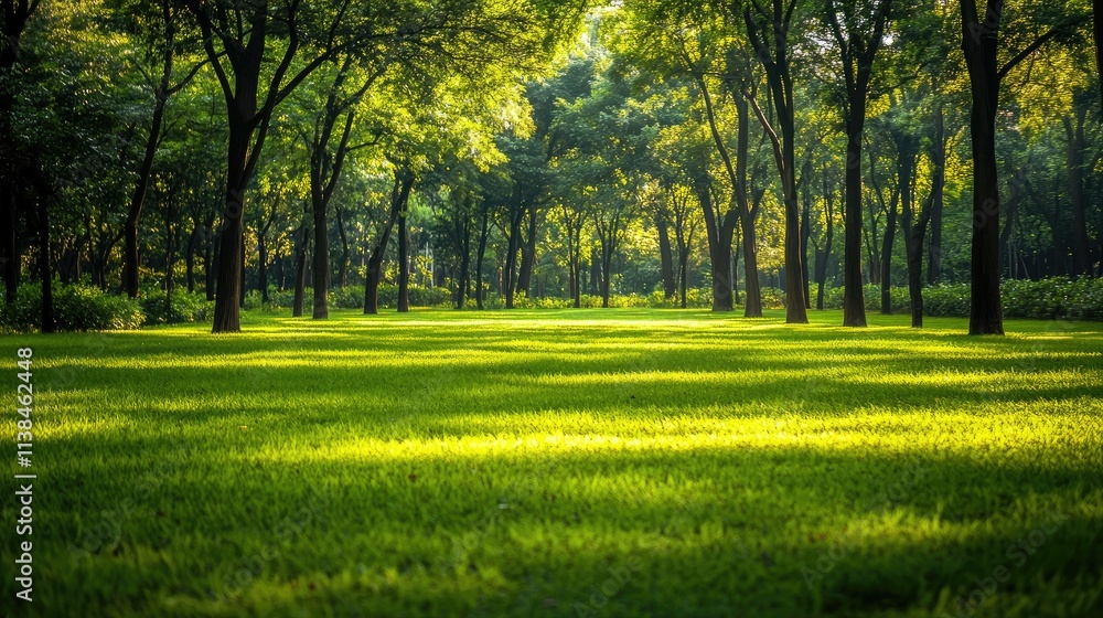 Lush green park with blurred trees providing a serene and tranquil atmosphere for nature-themed backgrounds or wallpapers Lush green park with blurred trees providing a serene and tranquil atmosphere for nature-themed backgrounds or wallpapers