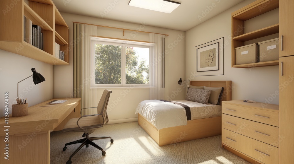 Fototapeta premium Modern, minimalist bedroom with built-in wooden furniture, desk, and large window.