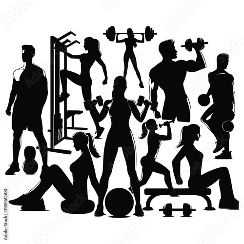 Silhouettes of Athletic Men, Power Athletic, Strong Man, Barbell, Bodybuilding, Gym, Sportsman, Vector